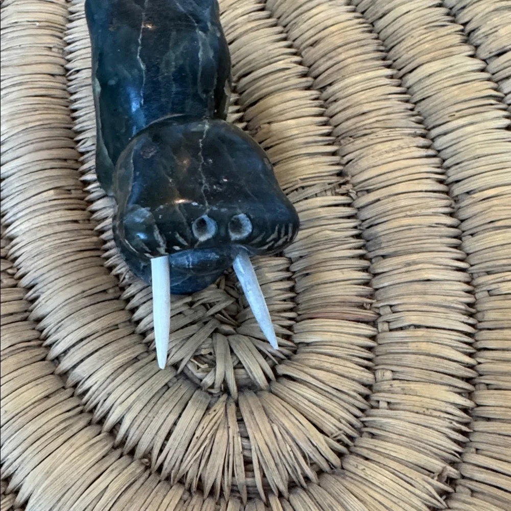 Inuit coil Lyme sea grass woven double soapstone walrus with tusks lid handle